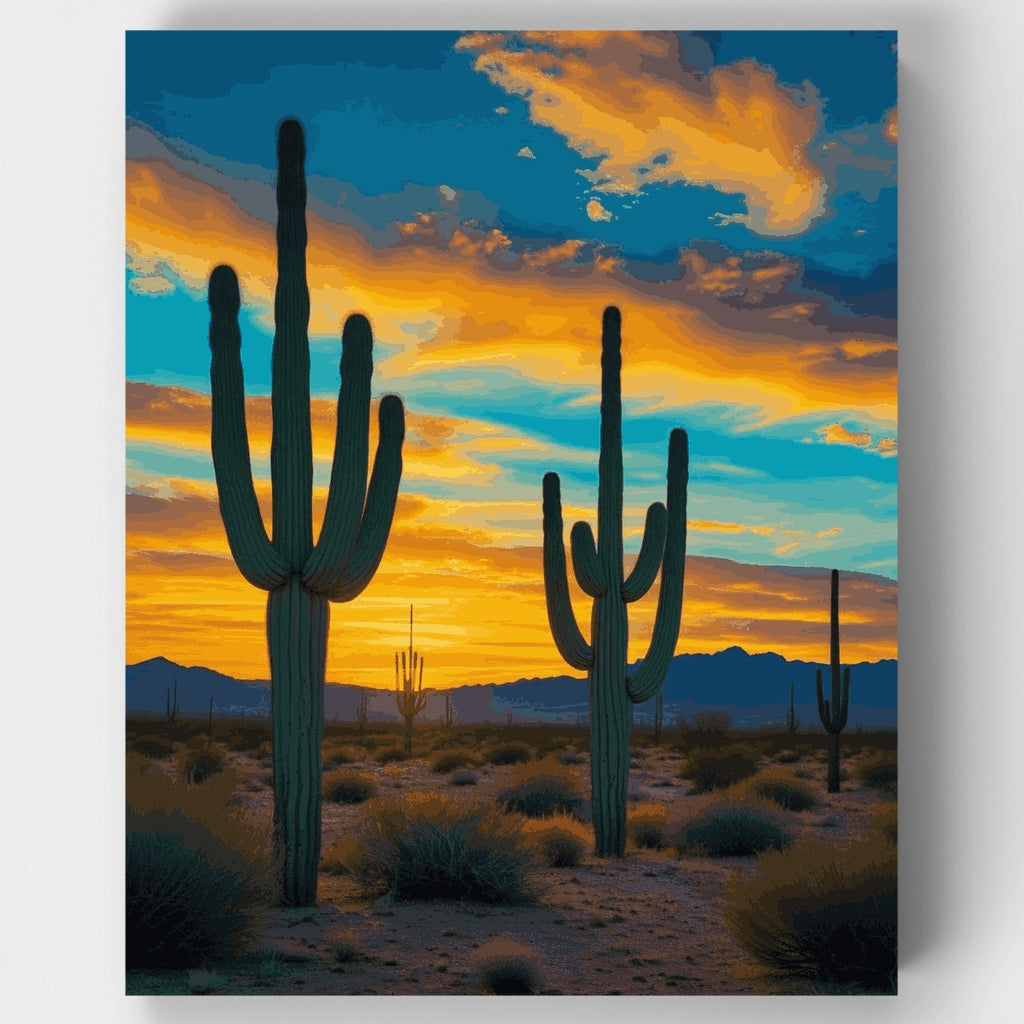 Kit de pintura por números: Atardecer en el majestuoso desierto de Saguaro — Estándar
