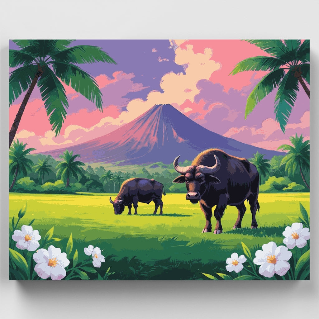 Kit de pintura por números: Búfalo de agua tropical con el Monte Fuji — Estándar