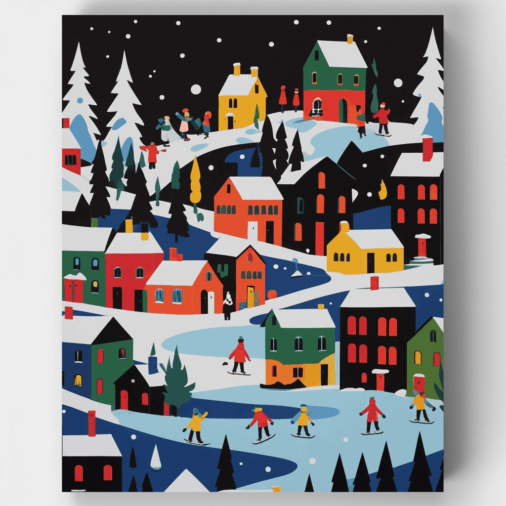 Kit de pintura por números: Patinadores en el pueblo invernal colorido — Estándar
