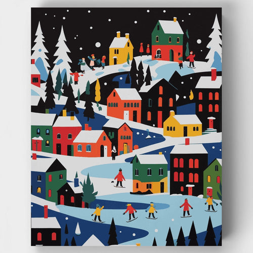 Colorful Winter Village Skaters - Paint by Numbers Kit