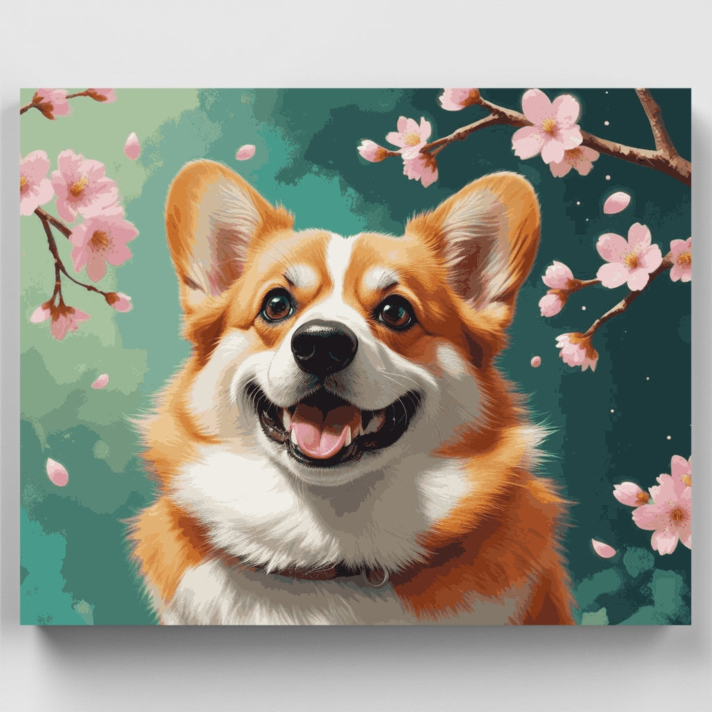 Happy Corgi with Cherry Blossoms - Paint by Numbers Kit