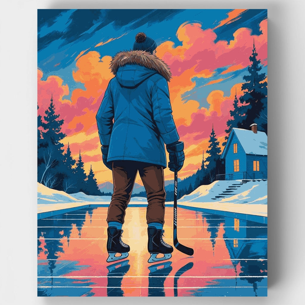 Kit de pintura por números: Atardecer en el estanque de hockey en invierno — Estándar