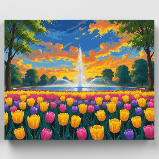 Tulip Garden Fountain Paradise - Paint by Numbers Kit