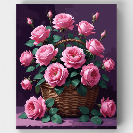 Pink Roses in Wicker Basket - Paint by Numbers Kit