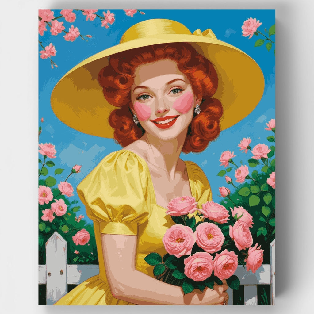 Dama en jardín vintage con rosas rosas - Kit de pintura por números — Estándar