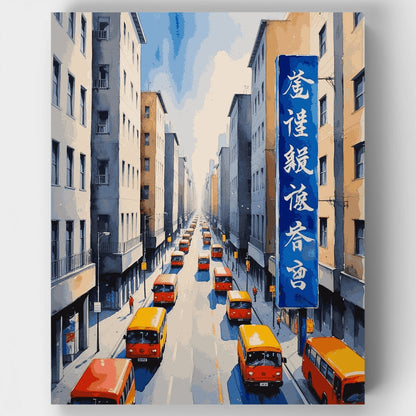 Hong Kong Street Scene with Buses - Paint by Numbers Kit