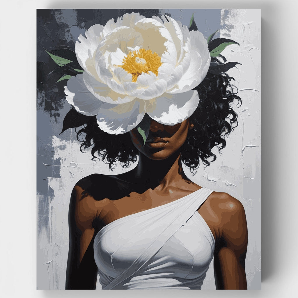 Mujer elegante con flor de peonía blanca - Kit de pintura por números — Estándar