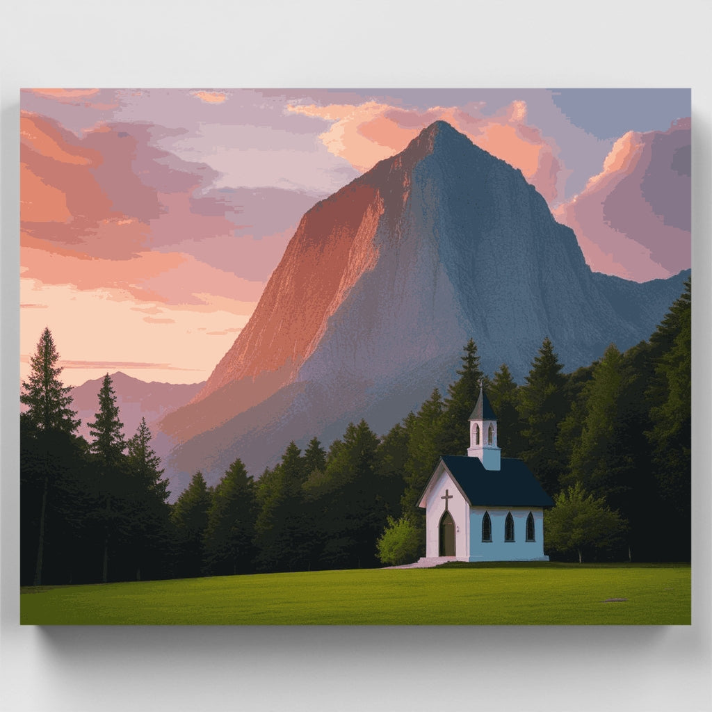 Capilla en la montaña al atardecer - Kit de pintura por números — Estándar