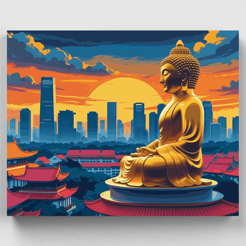 Kit de pintura por números - Paisaje urbano al atardecer con Buda dorado — Estándar