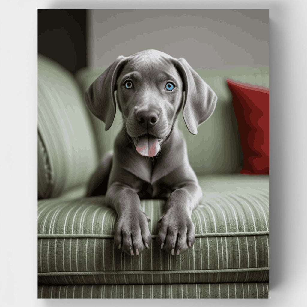 Cachorro de braco de Weimar gris en el sofá - Kit de pintura por números — Estándar