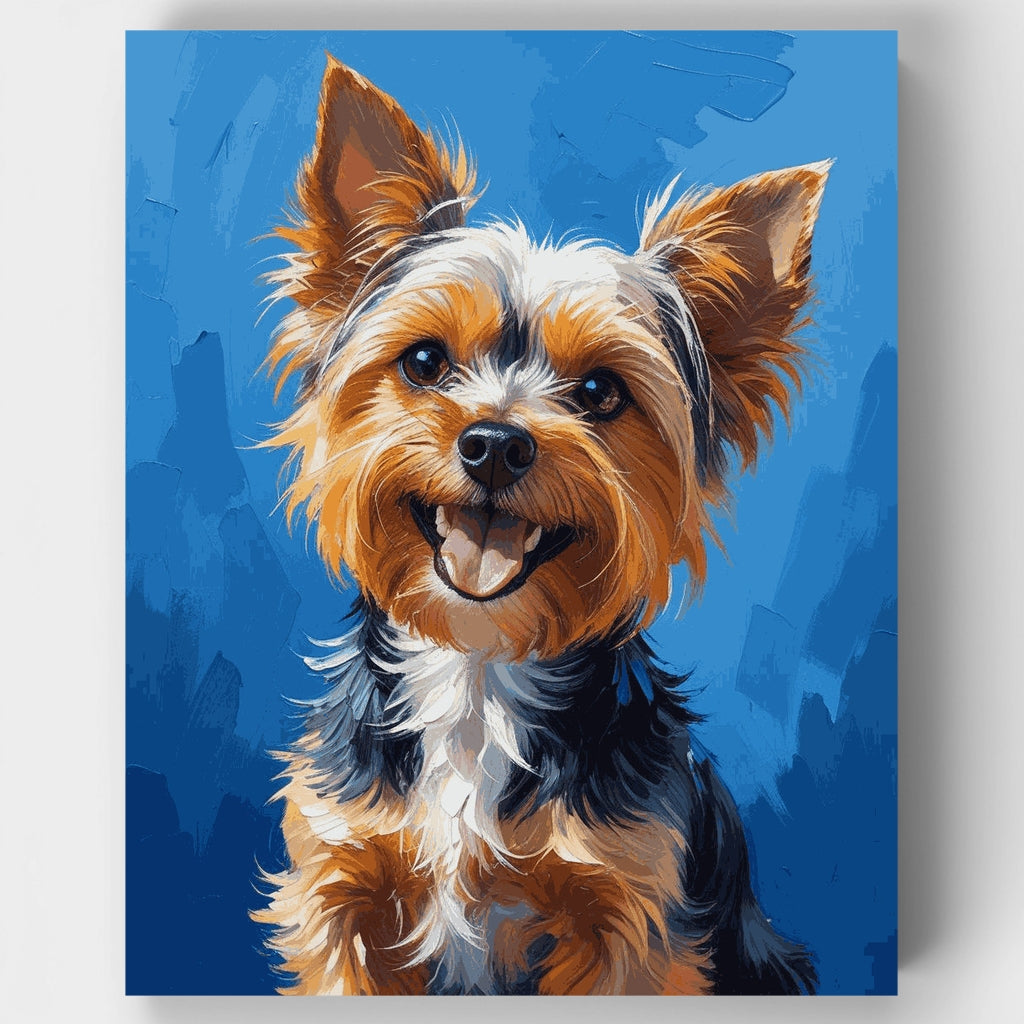 Yorkie feliz con ojos azul brillante - Kit de pintura por números — Estándar
