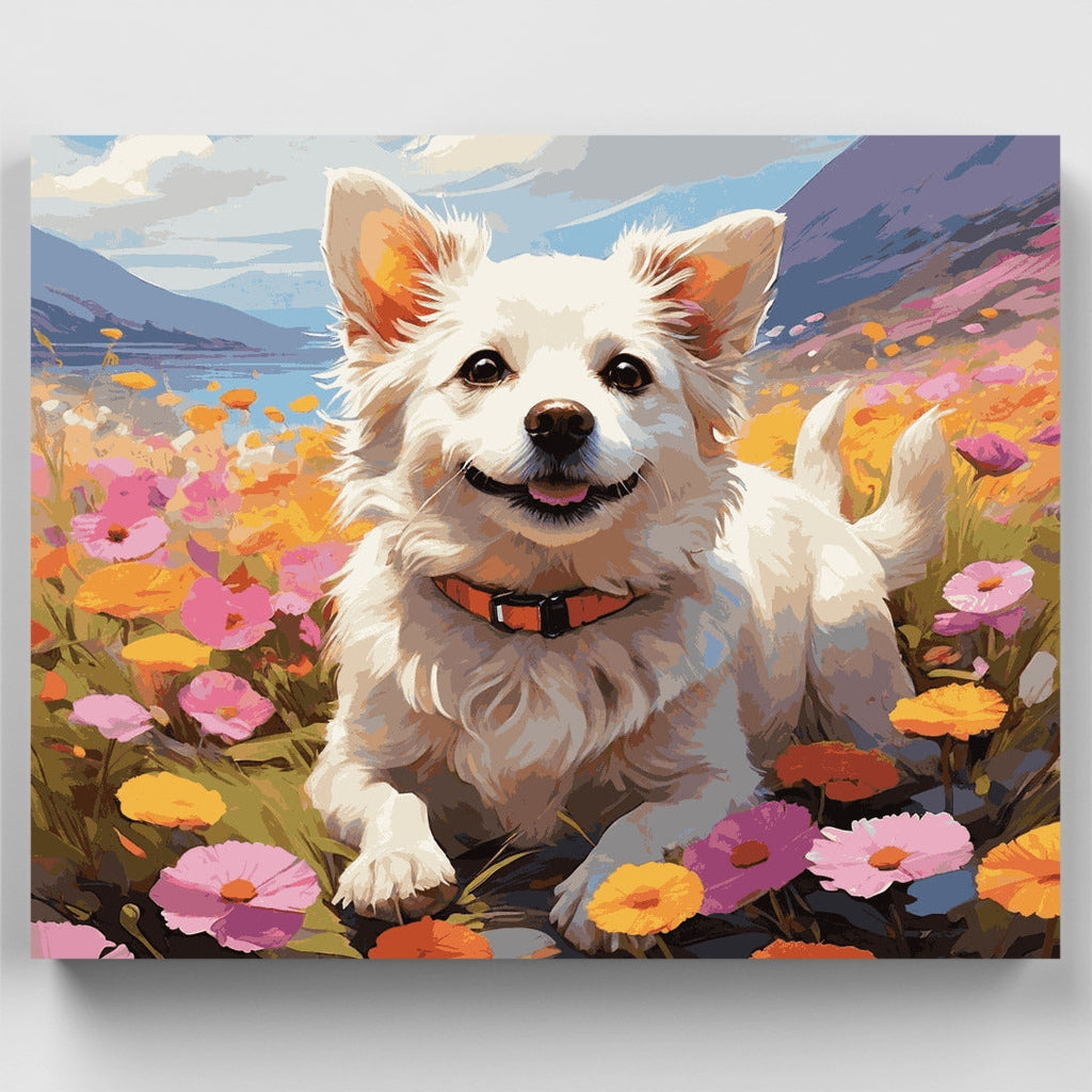 Perro feliz entre flores - Kit de pintura por números — Estándar