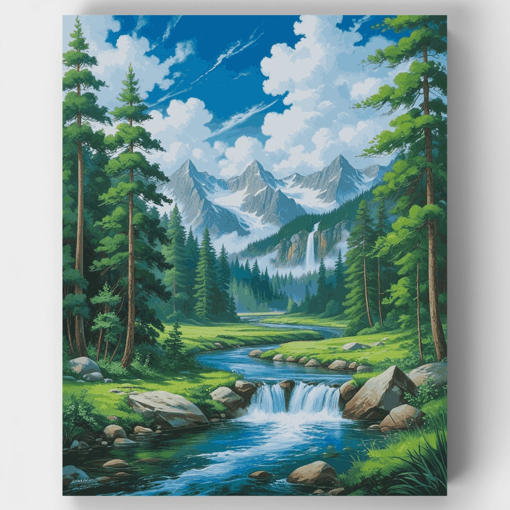 Paraíso de la cascada en el valle alpino - Kit de pintura por números — Estándar
