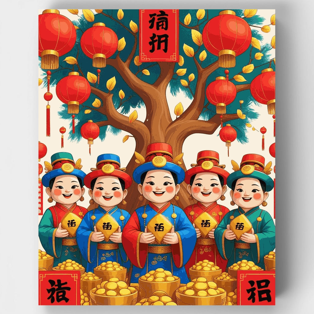 Chinese New Year Children with Red Lanterns - Paint by Numbers Kit