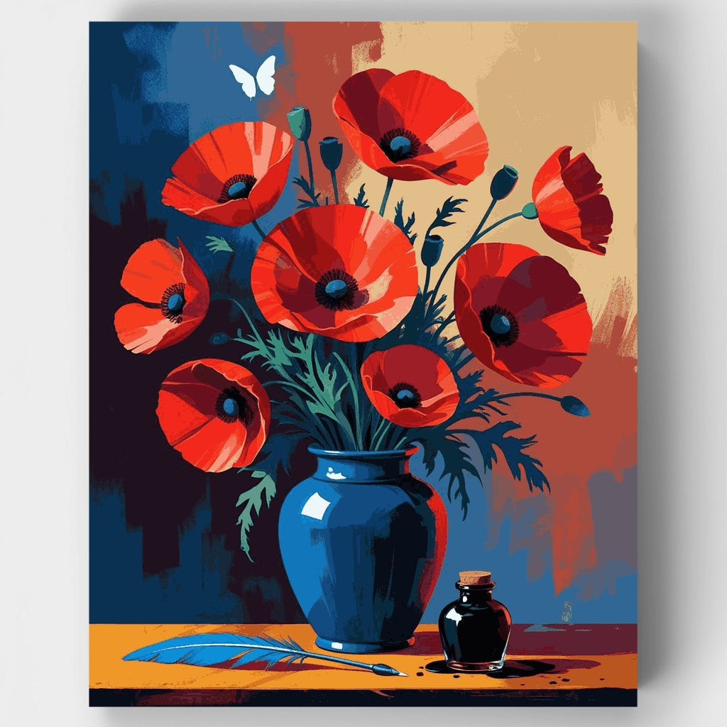 Red Poppies in Blue Vase - Paint by Numbers Kit