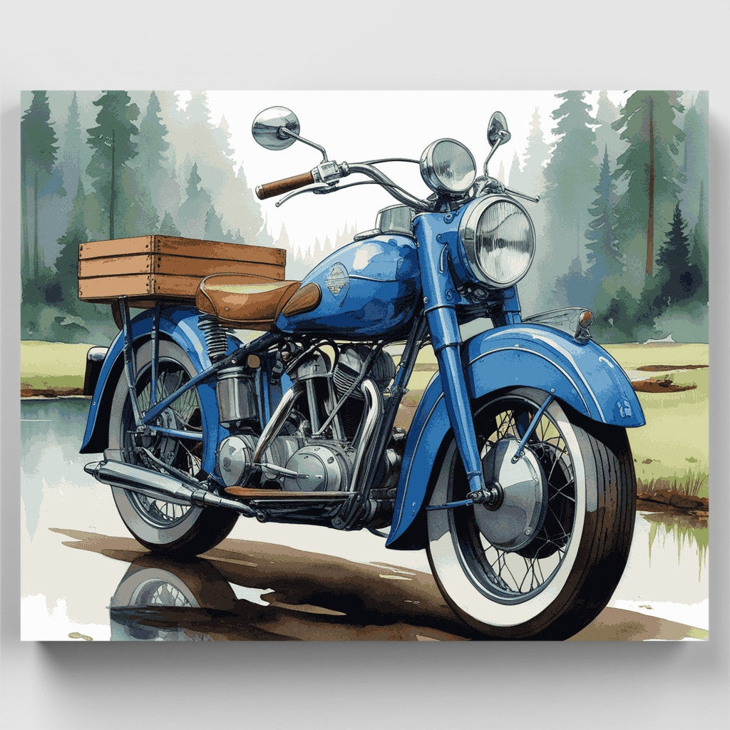 Classic Blue Motorcycle in Pine Forest - Paint by Numbers Kit