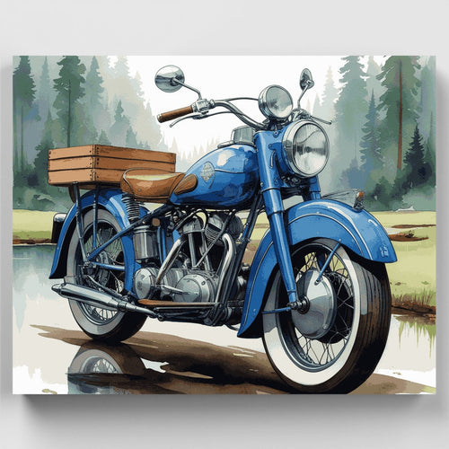 Classic Blue Motorcycle in Pine Forest - Paint by Numbers Kit
