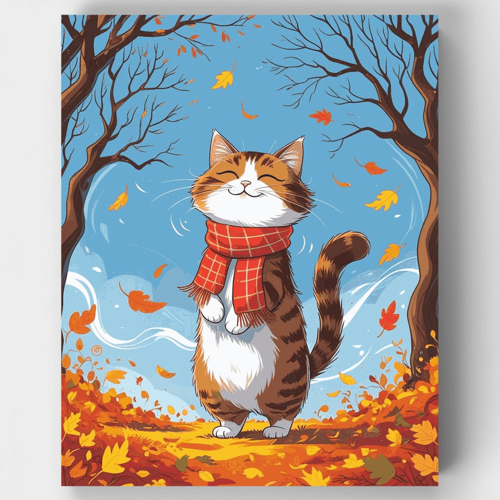 Gato otoñal con bufanda roja - Kit de pintura por números — Estándar