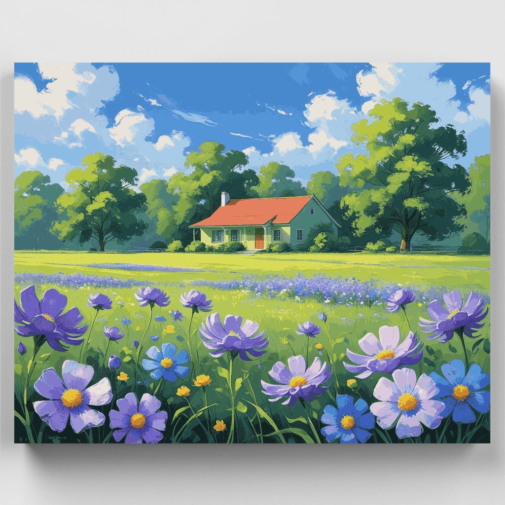 Countryside Cottage with Purple Wildflowers - Paint by Numbers Kit