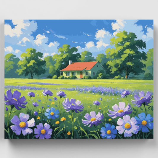 Countryside Cottage with Purple Wildflowers - Paint by Numbers Kit