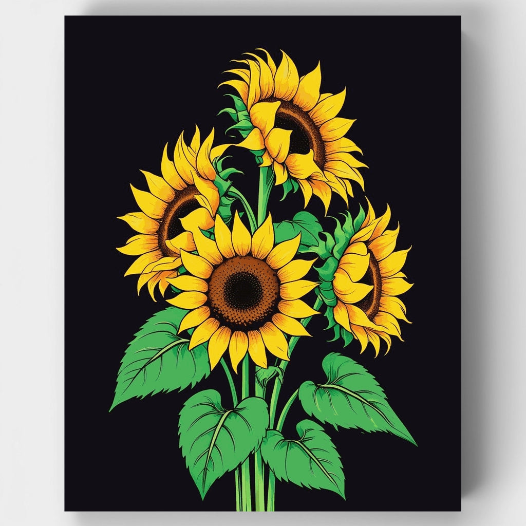 Ramo de girasoles vibrantes sobre fondo negro - Kit de pintura por números — Estándar