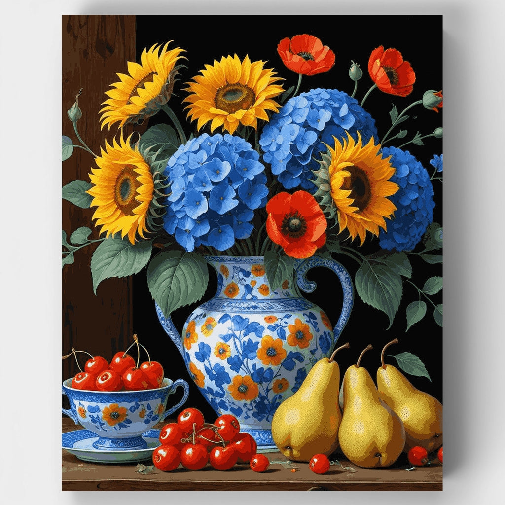 Girasoles y hortensias azules - Kit de pintura por números — Estándar
