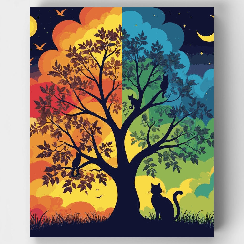 Day and Night Tree with Cats - Paint by Numbers Kit