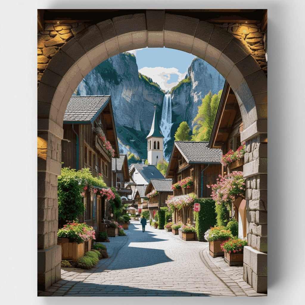 Kit de pintura por números - Entrada al pueblo alpino suizo — Estándar