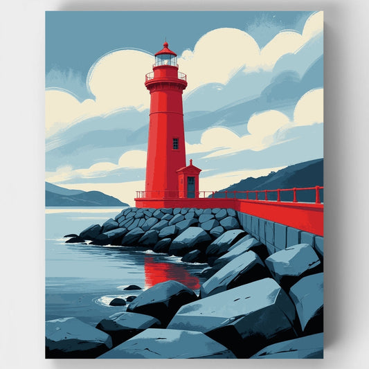 Red Lighthouse on Rocky Shore - Paint by Numbers Kit