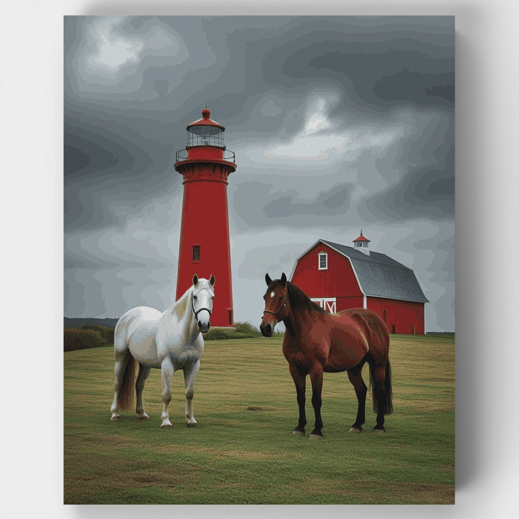Faro y caballos en un entorno campestre - Kit de pintura por números — Estándar