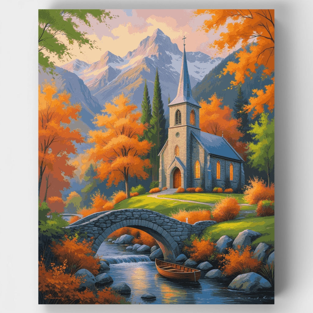 Iglesia en la montaña en otoño - Kit de pintura por números — Estándar