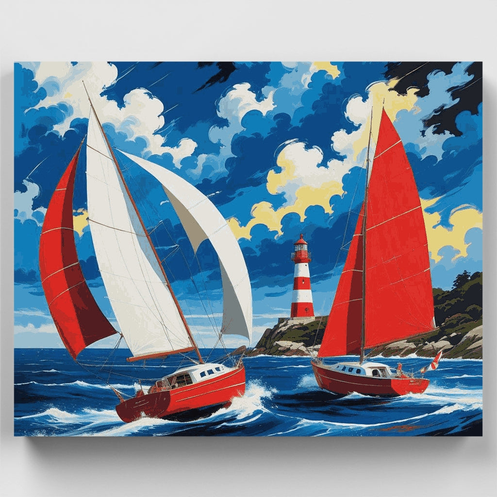 Regata de veleros en el faro - Kit de pintura por números — Estándar