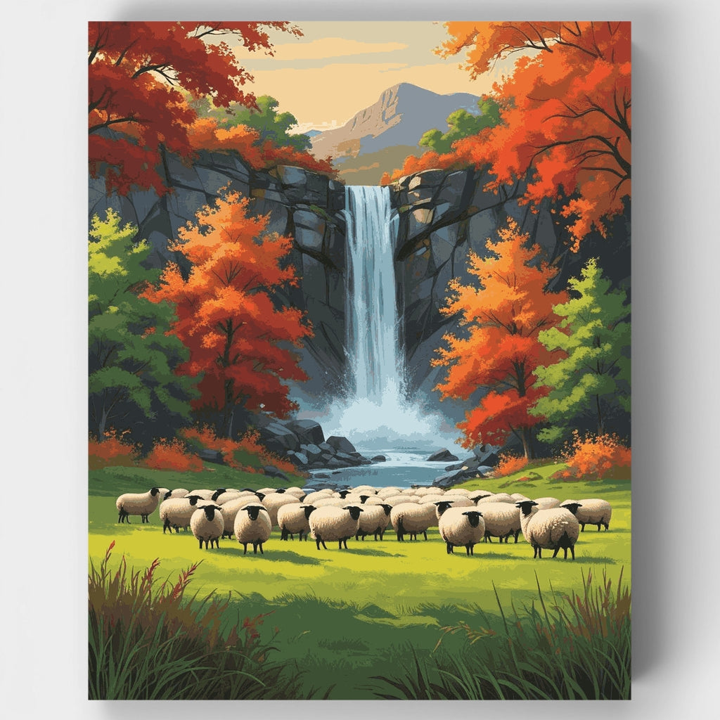 Autumn Waterfall with Sheep - Paint by Numbers Kit