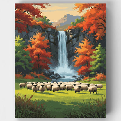 Autumn Waterfall with Sheep - Paint by Numbers Kit