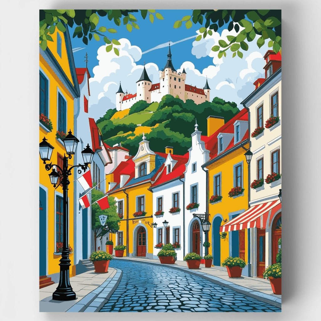 Charming European Village with Castle - Paint by Numbers Kit