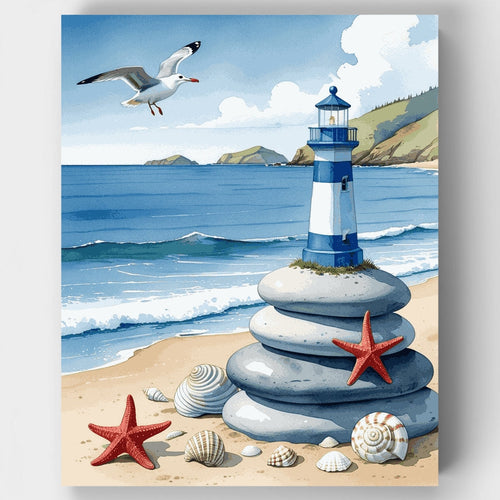 Coastal Lighthouse with Seashells - Paint by Numbers Kit