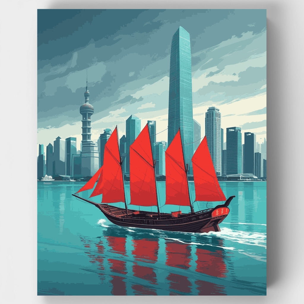 Horizonte de Hong Kong con barco tradicional chino - Kit de pintura por números — Estándar