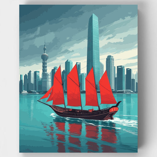 Hong Kong Skyline with Traditional Junk Boat - Paint by Numbers Kit