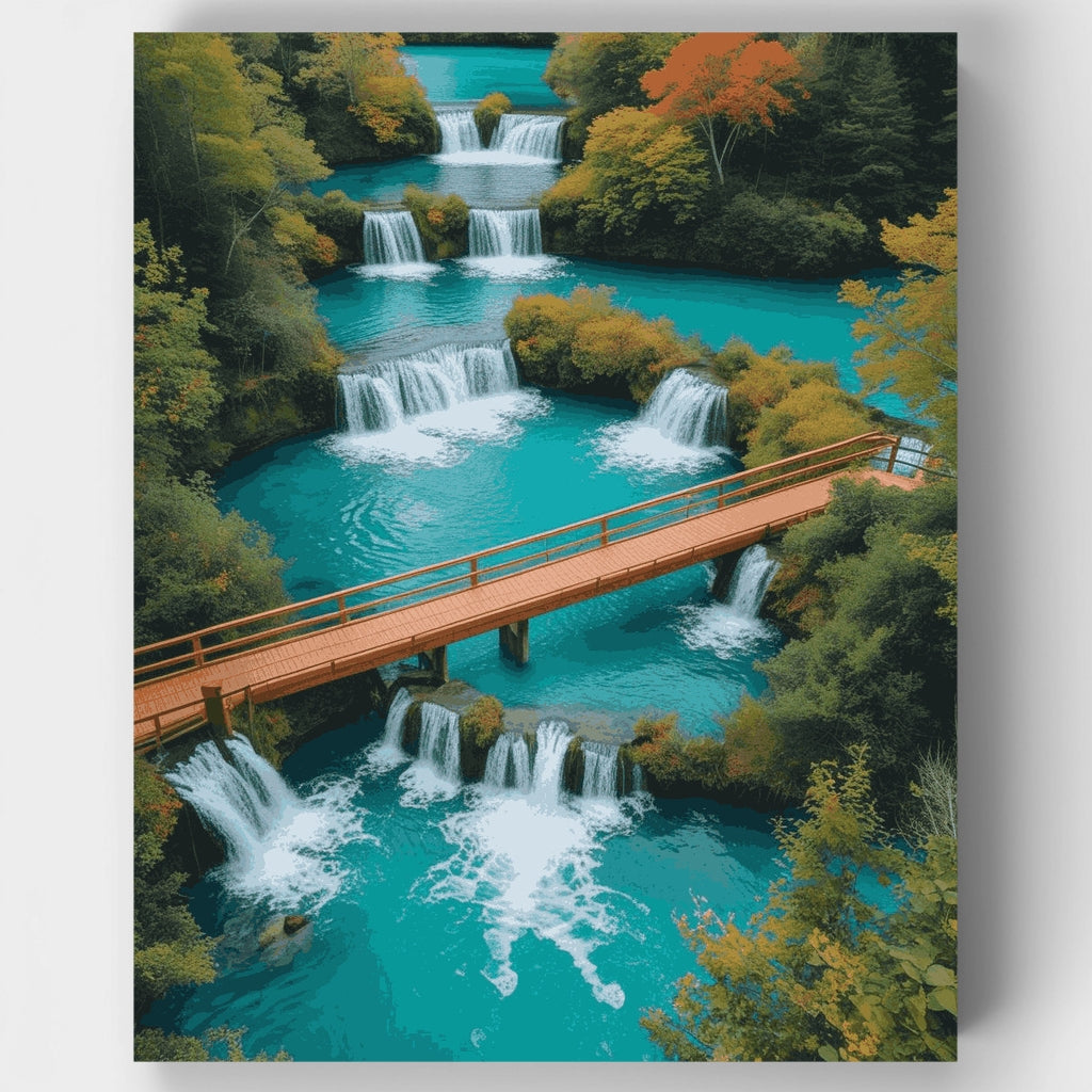 Kit de pintura por números: cascadas y puente de madera de los Lagos de Plitvice — Estándar
