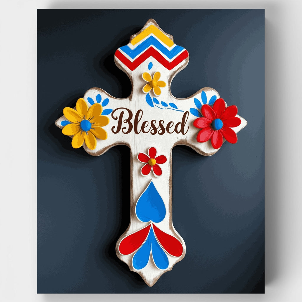 Cruz bendecida con flores coloridas - Kit de pintura por números — Estándar