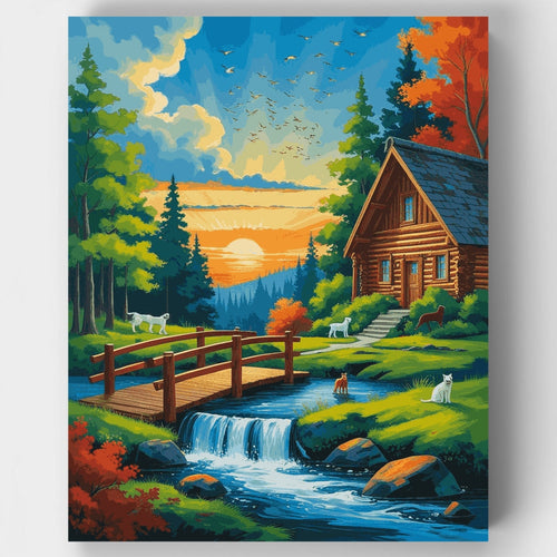 Cabin by the Stream at Sunset - Paint by Numbers Kit