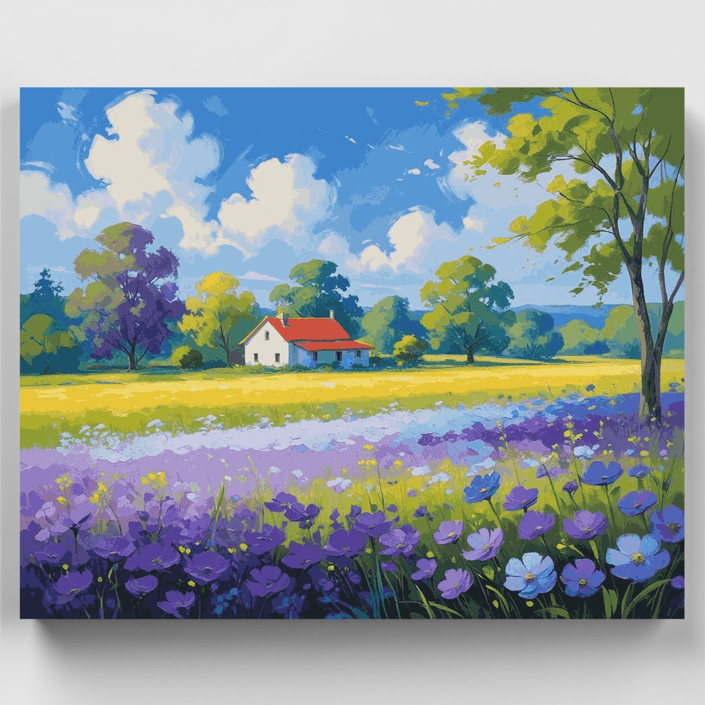 Casa de campo con flores silvestres moradas - Kit de pintura por números — Estándar