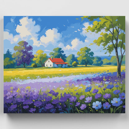 Country Cottage with Purple Wildflowers - Paint by Numbers Kit