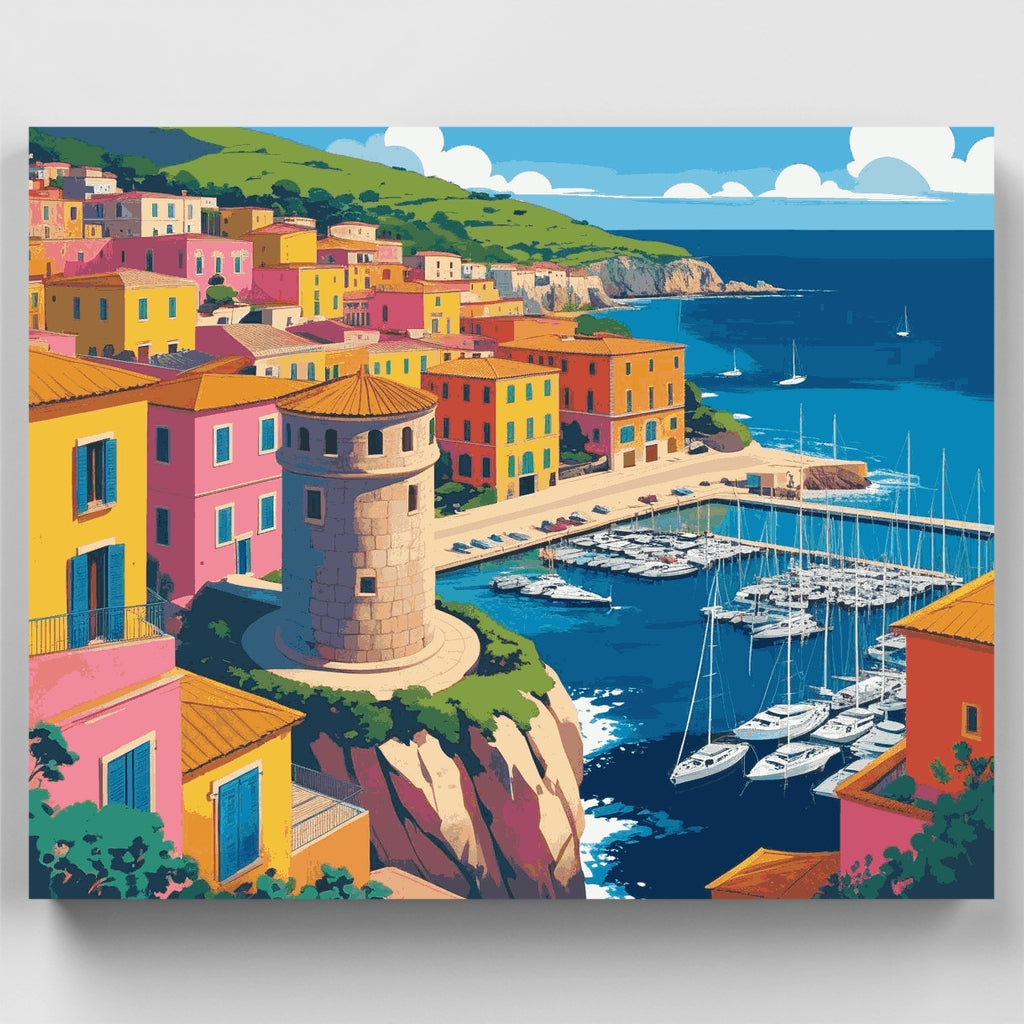 Kit de pintura por números - Puerto colorido de la costa mediterránea — Estándar