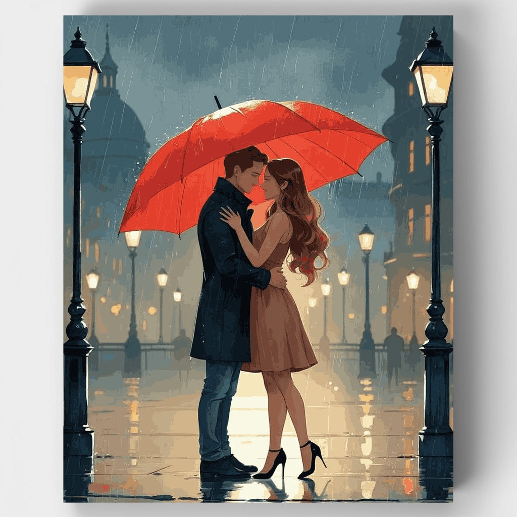 Pareja romántica bajo un paraguas rojo en la lluvia - Kit de pintura por números — Estándar