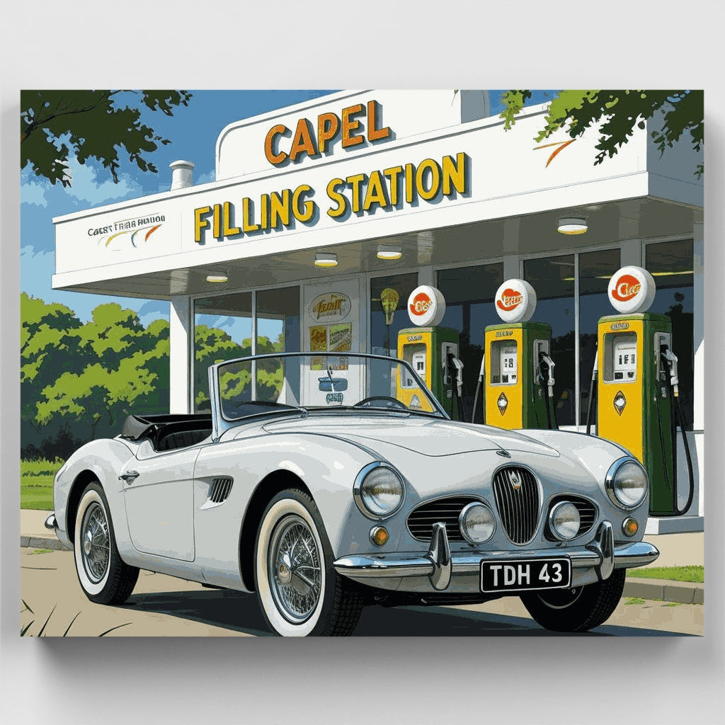 Classic Car at Vintage Gas Station - Paint by Numbers Kit