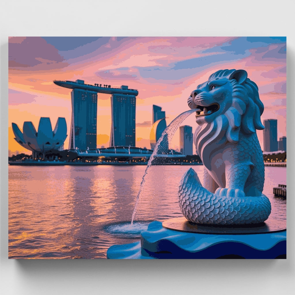Kit de pintura por números: Atardecer en la estatua del Merlión en Marina Bay — Estándar
