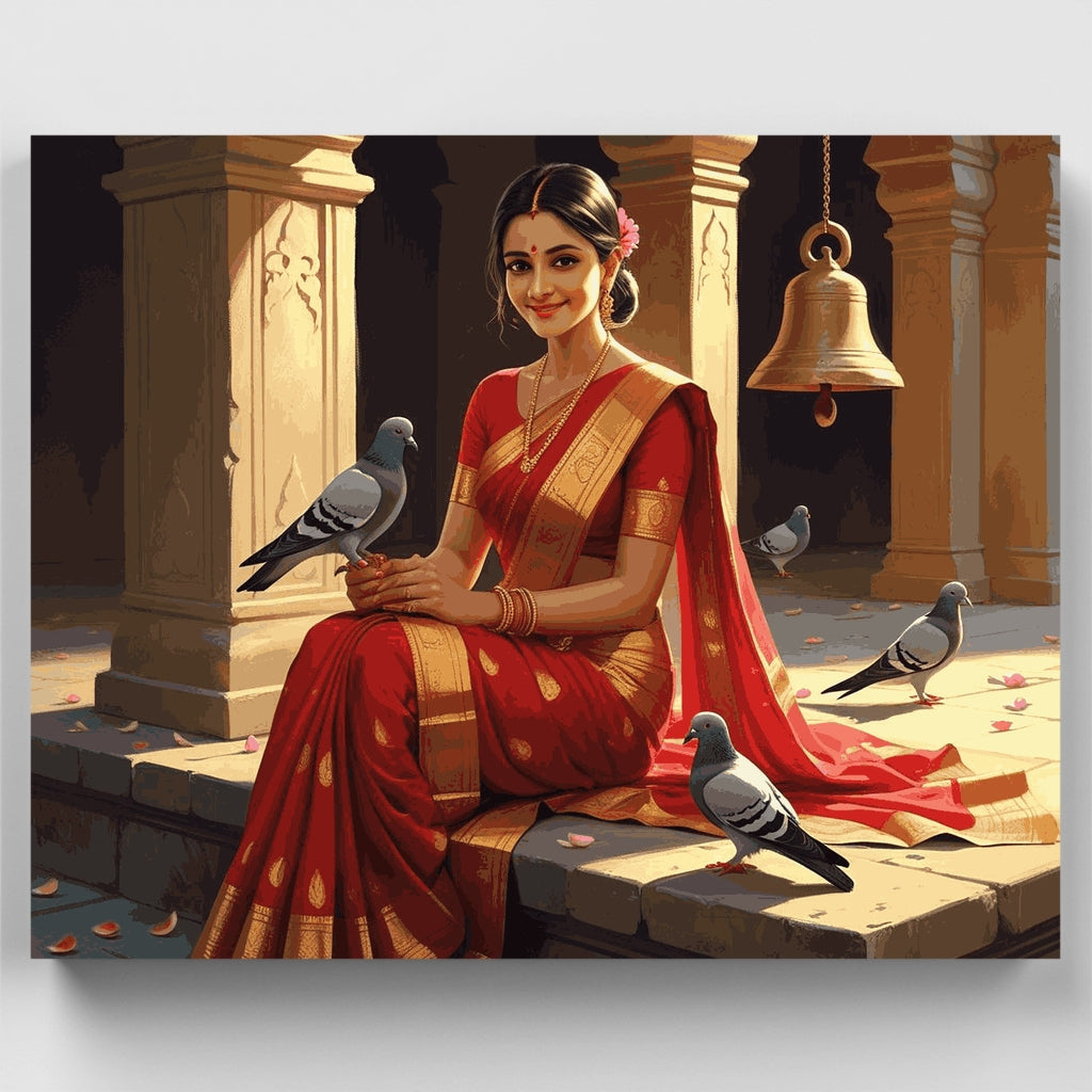 Mujer india con sari rojo y palomas - Kit de pintura por números — Estándar
