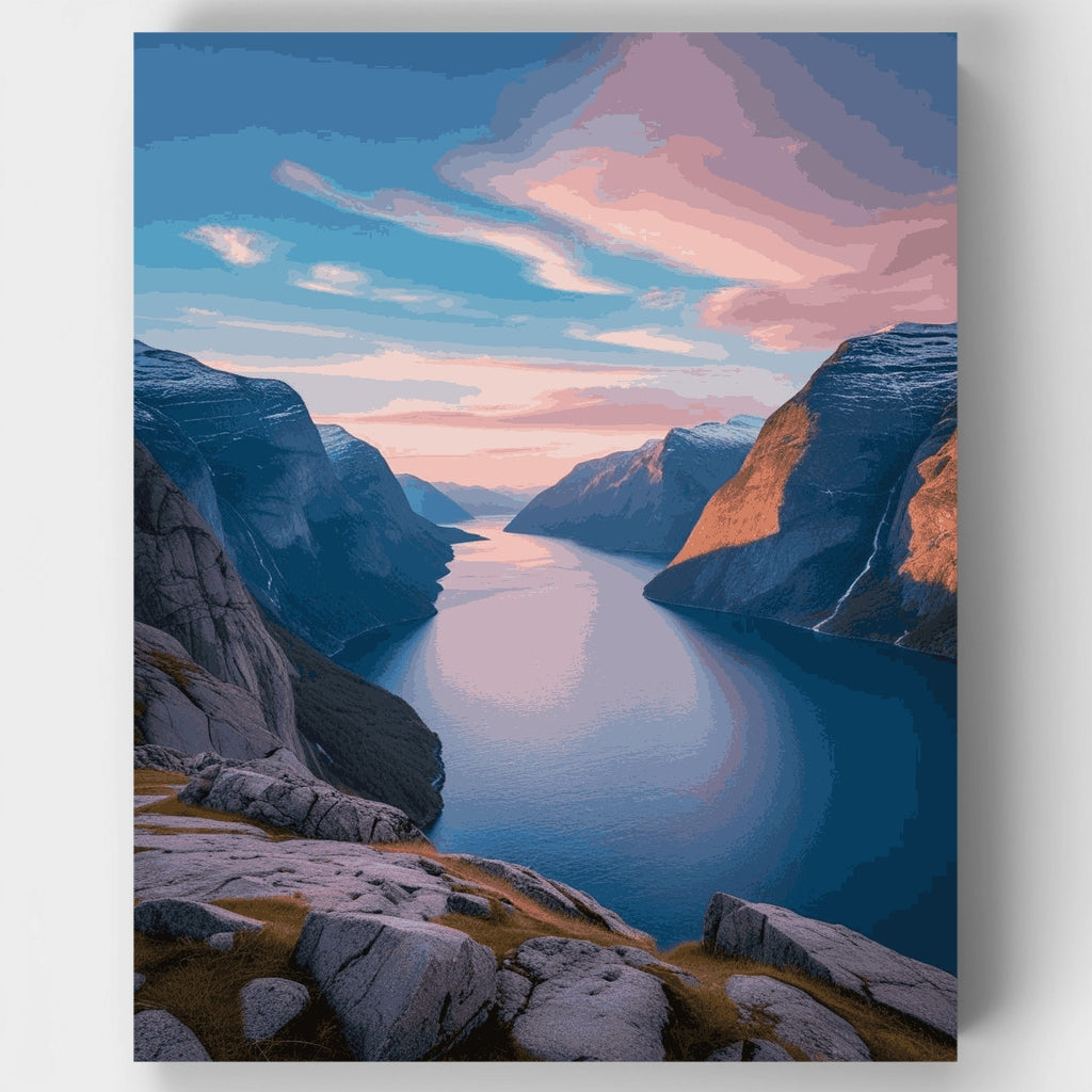 Kit de pintura por números: Atardecer dramático en el fiordo — Estándar