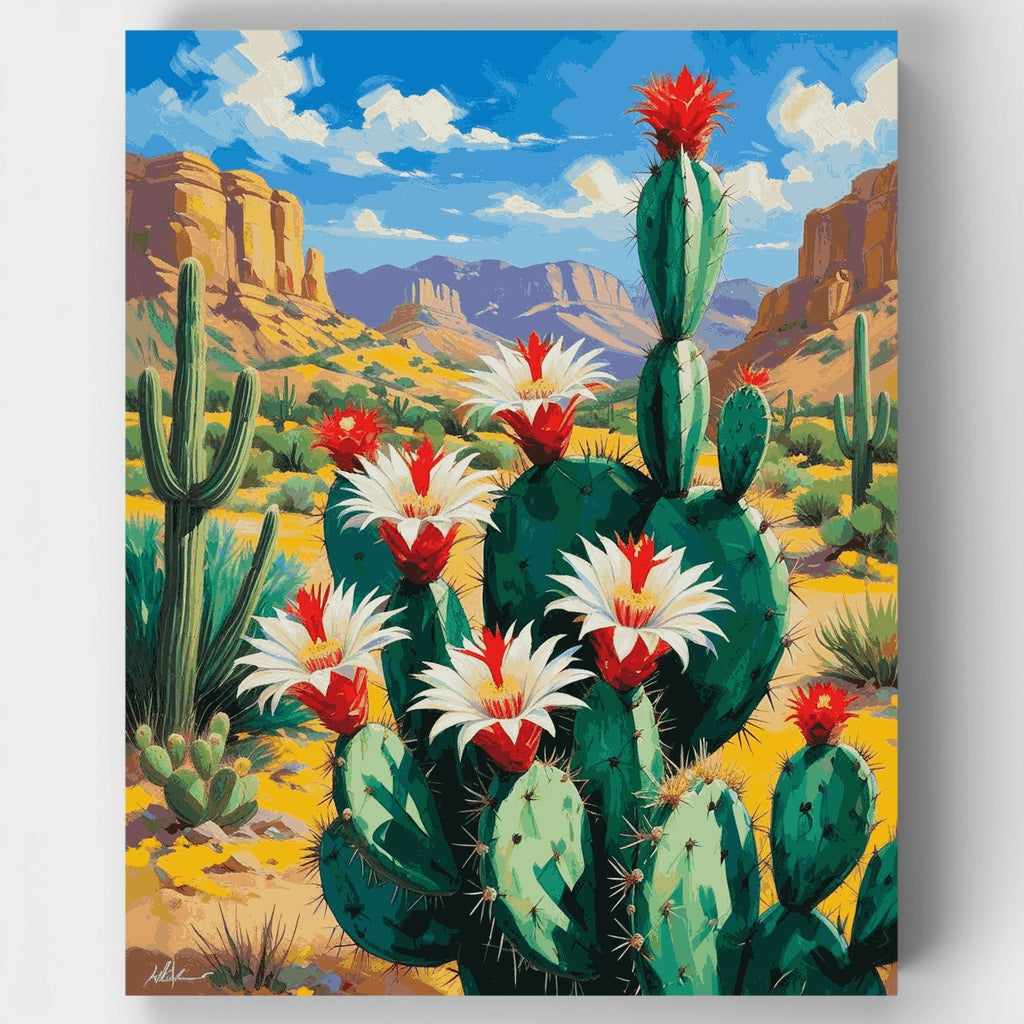 Kit de pintura por números: Paisaje de cactus en el desierto floreciente — Estándar